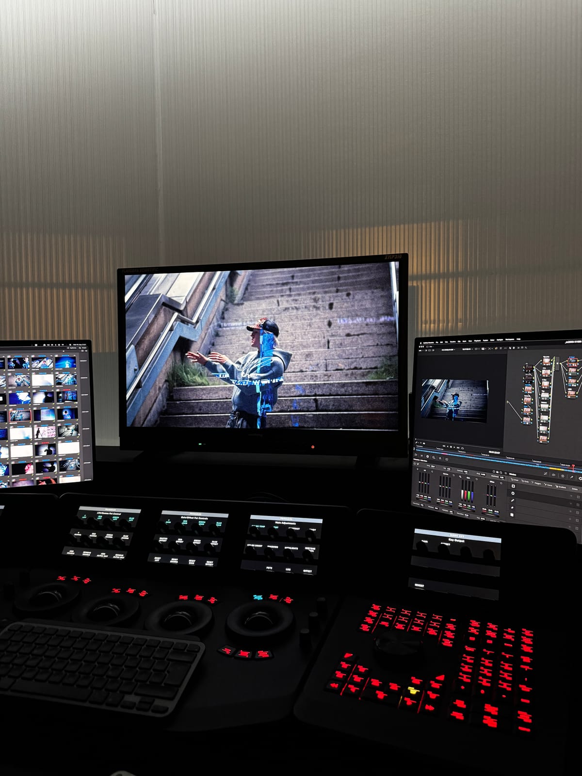 Colour grading suite with control panels and a graded frame on the monitor